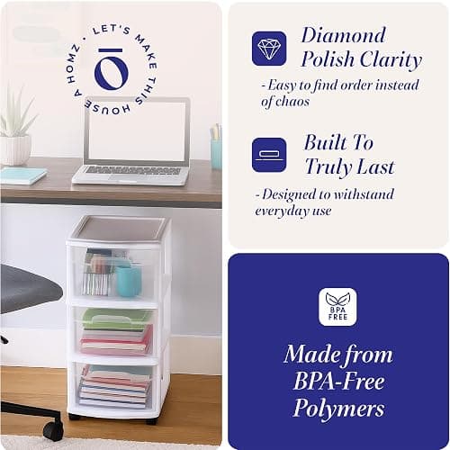 HOMZ Drawer Tower, 3-Tier Clear Plastic Storage Organizer Cart, White Frame - Heavy-Duty Organizing Drawers for Home, Bedroom, and Closet Organization thumbnail 5