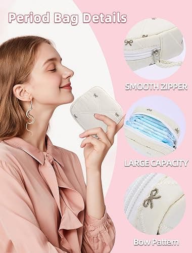 SERTRI Quilted Bow Period Bag, Period Pouches for Teen Girls Women(Beige) | Tampon Holder for Purse Sanitary Bags, Feminine Product Sanitary Napkin Storage Bag, Pad Bag Pouch Period Gifts for Girls thumbnail 3