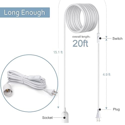 JACKYLED Extension Hanging Lantern Cord Cable 2-Pack 20ft UL 360W with E26 E27 Socket On/Off Button Pendant Lighting thumbnail 2