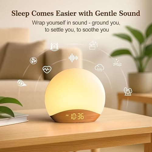 REACHER Wood Grain Sunrise Alarm Clock and Sound Machine Nightlight, Digital Dimmable Clock for Bedroom, 26 Sleep Sounds, White Noise Machine for Baby, Adults, Wake Up Light Alarm Clock for Kids thumbnail 4