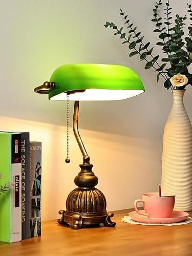 Newrays Retro Green Glass Bankers Desk Lamp for Home Office,Library with Pull Chain Switch Plug in Fixture, LED Bulb Included thumbnail 2