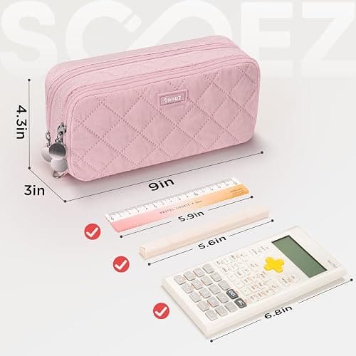 Sooez Large Pencil Case Pouch, Extra Big Pencil Bag with 8 Compartments, Pen Bag Wide Opening, Soft Quilted Pencil Pouch Organizer with Zipper, Portable Pencil Case for Teen Girls, Blush thumbnail 6