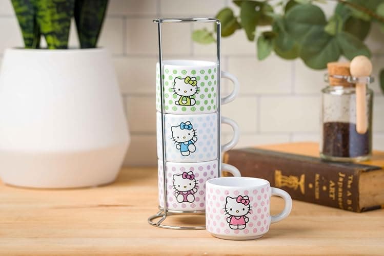 Silver Buffalo Sanrio Hello Kitty Polka Dots 4pc Stackable Ceramic Espresso Small Cup Set, 3 Ounces thumbnail 2