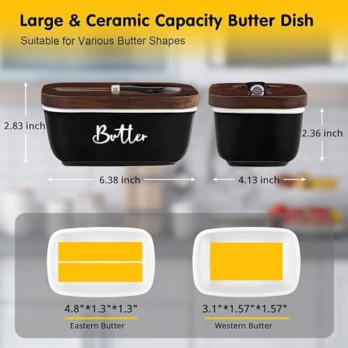 ALELION Black Butter Dish with Lid and Knife for Countertop - Airtight Ceramic Butter Keeper Container with Thick Acacia Wood Lid for Counter or Fridge - for Farmhouse Kitchen Decor and Accessories thumbnail 3