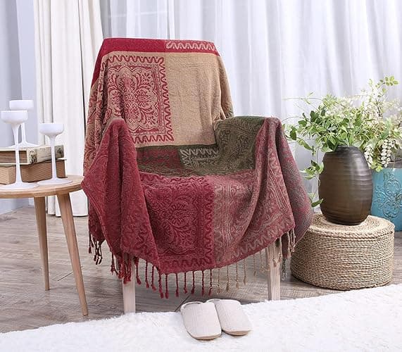 AIVIA Boho Sofa Couch Throw Blanket Futon Slipcover, Recliner Chair Throws Sofa Cover Colorful Chenille Woven Bohemian Decor - 60" x 75" Green Wine Red - Image 1