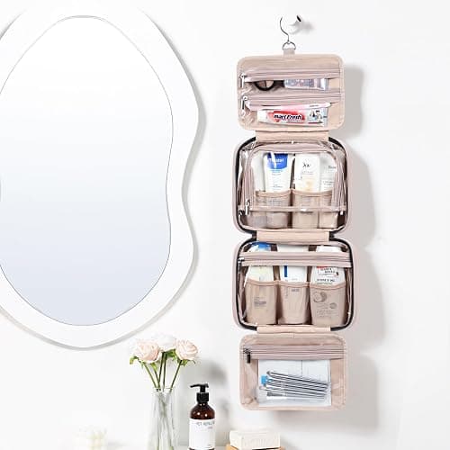 NISHEL Travel Toiletry Bag for women, Portable Hanging Organizer for Travel-Sized Shampoo, Conditioner, Brushes Set, makeup Accessories, Medium Size, Pink - Medium - Pink thumbnail 2