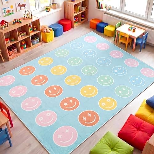 Maasechs 8 x 10ft Circle Time Classroom Rug Smile Face Pastel Emotional Feeling Sensory Corner Items Teacher Rug Educational Soft Fluffy Carpet Floor Mat for Nursery Homeschool Playroom Elementary - Image 1