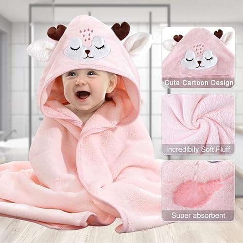 Hooded Baby Towel, Baby Towels Newborn, Baby Bath Towel with Hood, Baby Bath Towels Wrap, Blanket for Baby, Baby Beach Towel, Hooded Bath Towels for Boy and Girl, Newborn,31.5"×31.5" (White +Pink) thumbnail 4