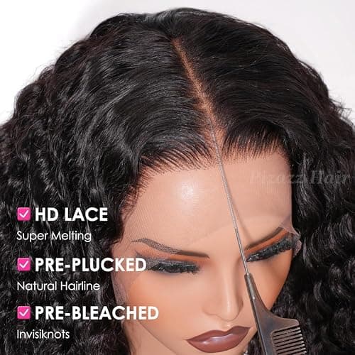 Pizazz 13x4 HD Transparent Lace Front Wigs Human Hair Pre plucked Bleached Knots with Baby Hair 12A 180 Density Brazilian Deep Wave Frontal Wigs for Black Women(26 Inch, Black color) thumbnail 3