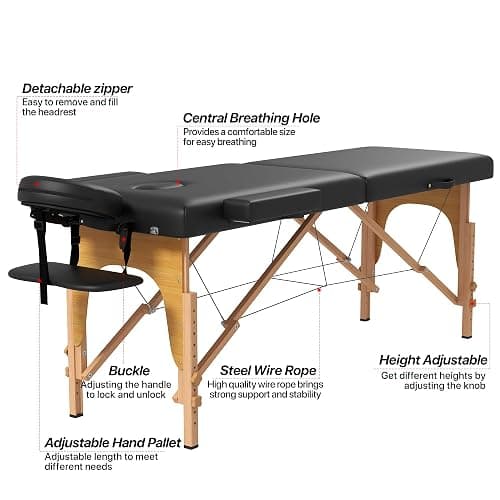 HENGJIANYI Massage Table, Portable 2 Section Foldable Tattoo Bed, Height Adjustable Lash Spa Bed with Face Cradle, Home Light Weight Facial Salon Bed with Wood Frame, Black thumbnail 8