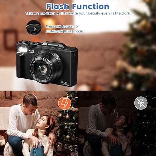 4K Digital Camera for Photography with 3" 180°Flip Screen, 64MP Vlogging Camera for YouTube, 4K Ultra HD WiFi Camera with 18X Digital Zoom，Compact Camera with Flash, 32GB TF Card & 2 Batteries（Black） - Black thumbnail 6