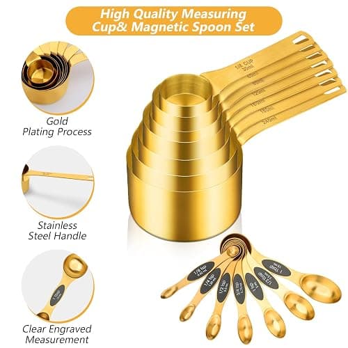 GuDoQi 15pcs Gold Magnetic Measuring Spoons and Cups Set, Stainless Steel 8 Dual Sided Magnetic Measuring Spoons set with Leveler, 7 Cups, Measurement for Liquid and Dry Ingredients for Kitchen thumbnail 6