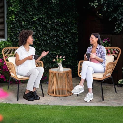 HOMEZILLIONS 3 Piece Outdoor Wicker Furniture Bistro Set, Rattan Chairs Conversation Sets Wicker Patio Furniture for Balcony Poolside Backyard, Yellow/Beige thumbnail 8