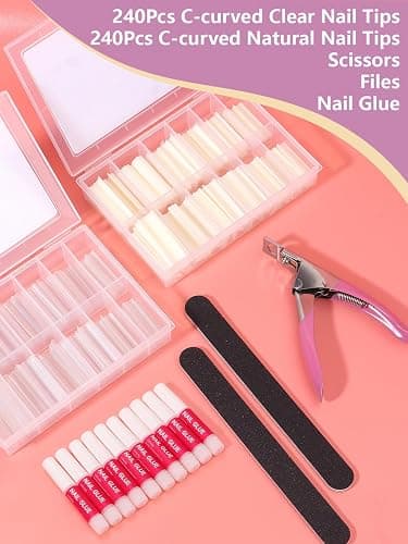 480PCS Extra Long C Curve Nail Tips and Glue, 2 Packs Natural and Clear Acrylic for Nails Professional Set, 12 Sizes Artificial Straight Square French False Nail Tips thumbnail 6