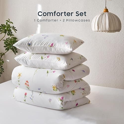 Wake In Cloud - Floral Comforter Set, Cottagecore Cute Aesthetic Watercolor Tiny Flowers and Leaves, Soft Lightweight Bedding for Women Teen Girls, 3 Pieces, White Multicolor, Queen Size thumbnail 7