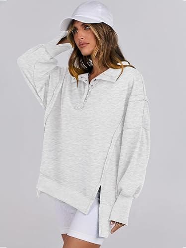ANRABESS Women's Sweatshirts Oversized Casual Loose Button Up Henley Pullover Top High Low Split 2025 Fall Fashion Outfits thumbnail 4