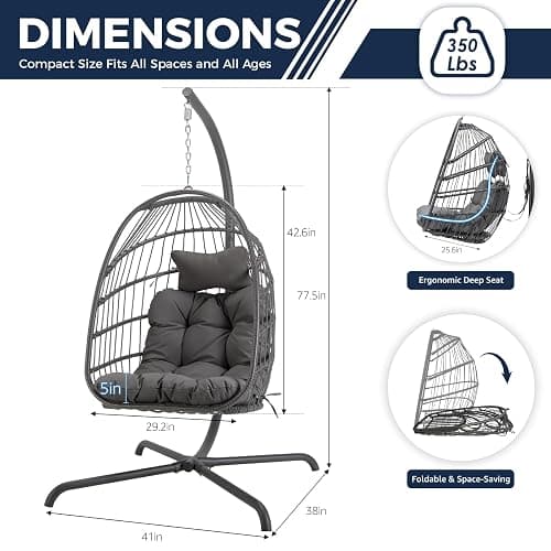 NICESOUL Comfy Indoor Outdoor Egg Chair, Patio Wicker Egg Shaped Swing Chair with Stand, Hanging Basket Seating with Cushion, 350lbs Heavy Duty Gift Hammock Chairs for Balcony Backyard Bedroom, Gray thumbnail 2