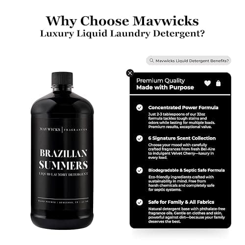 Mavwicks - Laundry Liquid Detergent (Brazilian Summers) - 32 Oz Laundry Perfume Bottle for Men & Women, Stain & Odor Remover, Deep Clean, Long-Lasting Fragrance and Freshness for All Fabrics thumbnail 2