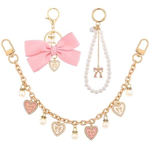LuneClat 3Pcs Heart Pearl Purse Extender Chain - Gold Replacement Bag Charm with Enamel Flower, Pink Bow Peal Keychain for Women Crossbody Handbags Purses Making Accessories - Image 1