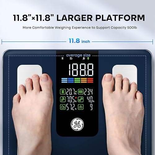 GE Smart Scale for Body Weight, BMI, Fat, Muscle Mass, Digital Bathroom Scales 500lbs Bluetooth 11.8" Large Platform Weighing Machine Health Monitor with App, Blue Button Control thumbnail 3