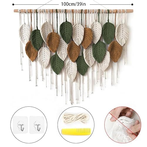 KHOYIME Large Macrame Wall Hanging Boho Woven Tapestry, Chic Home Decor Modern Bohemian Handmade Leaf Feather Wall Art Decorations for Apartment Dorm Living Room Bedroom Nursery Backdrop 39"W X 29.5"L thumbnail 2