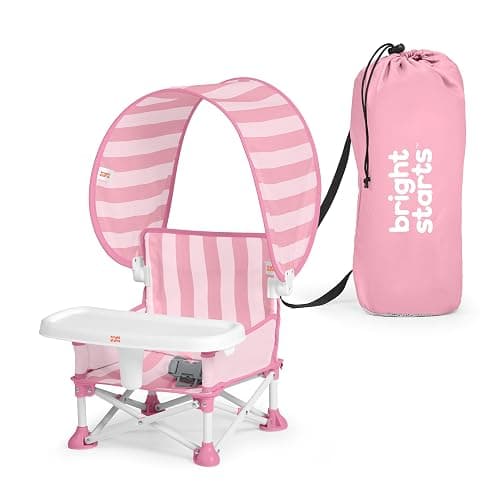 Bright Starts Pop 'N Sit Cabana Baby Beach Portable Booster Chair with UPF Canopy, Floor Seat for Indoor/Outdoor Use, Compact Fold, Pink, 6 Months–3 Years - Image 1
