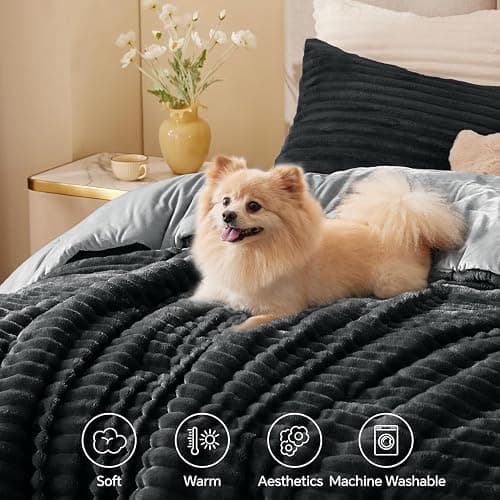 BEDELITE Fleece Queen Comforter Set -Super Soft & Warm Fluffy Black Bedding, Luxury Fuzzy Heavy Bed Set for Winter with 2 Pillow Cases thumbnail 3