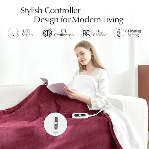 SNUGSUN Electric Heated Blanket Twin Size, Soft and Cozy Thickened Flannel and Sherpa Electric Blanket for Bed, Automatic Safety System 6 Heating Levels & 10 Hours Auto-Off, 62"x84" Garnet thumbnail 2