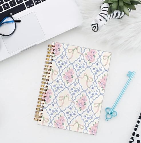 ZOFGUO Grandmillennial Pink and Blue Floral Spiral Notebook Journal, Coquette Bow Grandmillennial Flower Journal Notebooks for Note Taking, Chinoiserie Floral Hardcover Notebook, 5.5x8.3 Inch thumbnail 2