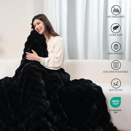 Super Comfort Oversized Warm Thick Bubble Luxury Plush Rabbit Faux Fur Throw Blanket, Fluffy Blanket,Soft Cozy Blanket for Couch Chair Bed Sofa Living Room (Black, 50inX60in) thumbnail 2