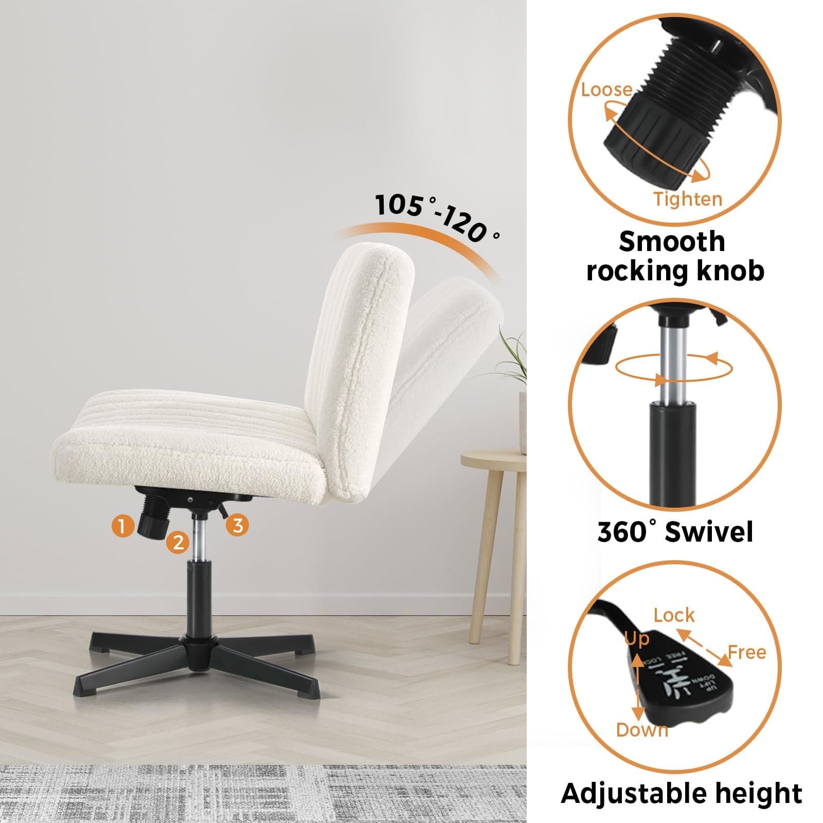 Oikiture Home Office Chair with Sherpa Fabric and Wider Seat White Cross Legged Office Chair thumbnail 5