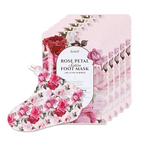 PETITFEE Rose Petal Satin Foot Mask (5pairs) - Intensive Nourishing Socks, Rose Scented Foot Repair Masks with Peptide, Collagen, Shea Butter, Urea for Silky Smooth Feet, Foot Treatment, Body Mask - Image 1