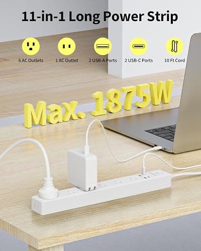 10 Ft Power Strip Surge Protector - 7 Outlets 4 USB Ports (2 USB C), Ultra Thin Flat Extension Cord & Flat Plug, 1700 Joules, Wall Mount, Desk Charging Station for Home Office Dorm, White thumbnail 2