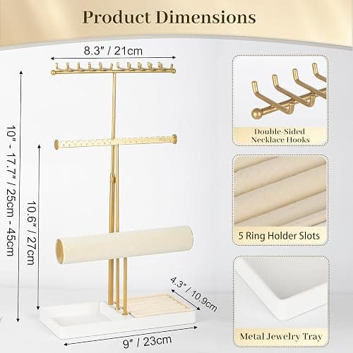 3-Tier Adjustable Jewelry Holder Organizer Stand with 20 Necklace Hooks, 18 Earring Holes and Notches, Bracelet Holder, 6 Ring Rolls, Jewelry Tray for Girls, Women thumbnail 3