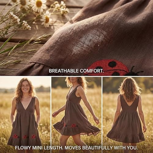 Ladybug Babydoll Dress Sleeveless Deep V Ruffle Mini Brown Linen Blend Sundress Embroidered Hem Bohemian Cottagecore thumbnail 4