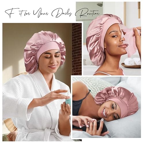 22 Momme 100% Real Mulberry Silk Bonnet for Sleeping Women, Large Hair Care Bonnet for Long Curly Hair, Double Layer Silk Wrap with Soft Elastic Band, Non-Slip Sleep Cap, Pink thumbnail 6