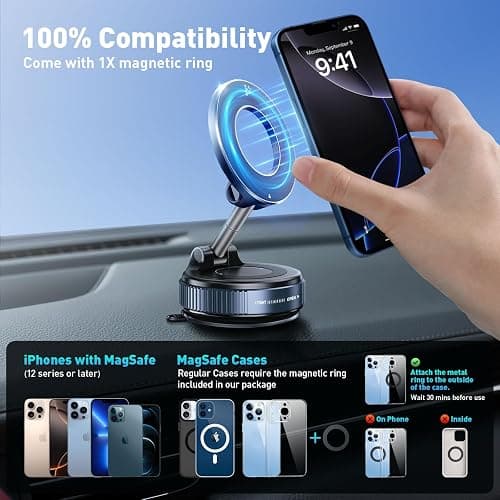 TUTGLOBAL Magnetic Car Phone Holder Mount【Upgraded Anti-Loose-Arm Version】 360° Adjustable Nano Gel Vacuum Suction Cup Phone Holders for Your Car for MagSafe Cases iPhone 17-12 [108lbs & 3000gf] thumbnail 4