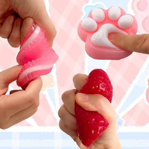 Taba Squishy Toy Set, Sensory Squeeze Fidget Toys for Stress Relief, Cute Party Favors for Kids Adults, Includes Banana Strawberry Cat Paw and Cookie thumbnail 2