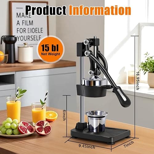 Manual Cast Iron Citrus Juicer,Commercial Hand Press,Heavy Duty Countertop Squeezer for Fresh Orange Lemon Juice,Stable When Pressed,Easy to Use & Clean (black) thumbnail 2