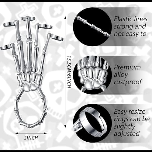 Hicarer 2 Pcs Skeleton Hand Bracelet with Finger Ring Metal Steampunk Skull Gothic Skull Bracelet Adjustable Skeleton Hand Jewelry Finger Wristband for Men Women Cosplay thumbnail 2