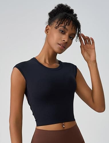 ABOCIW Workout Tops for Women Open Back Longline Sports Bras Athletic Crop Top Cap Sleeve Gym T Shirts with Built in Bra thumbnail 3