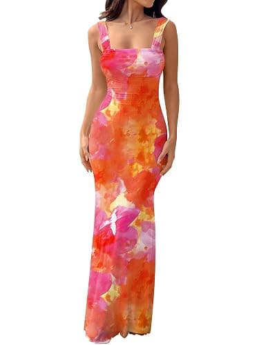 Caracilia Women Summer Floral Mesh Wedding Guest Formal Maxi Dress Sleeveless Bodycon Sexy Spring Beach Party Long Dresses - Image 1