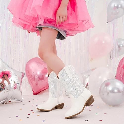 Motasha Rhinestone Sparkly Girls Cowgirl Cowboy Boots Little Kids Dress Boot Pointed Toes Low Heel Mid Calf Zipper Party Birthday Toddler to Big Kid thumbnail 2