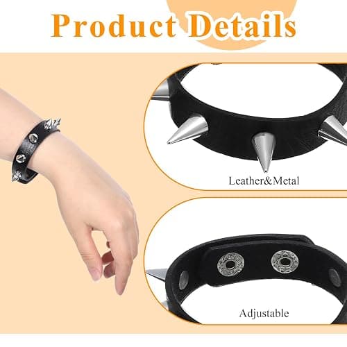 JIYIN 2Pcs Punk Rock Spike Bracelet, Adjustable Leather Studded Bracelet Black Emo Bracelets Gothic Jewelry for 80s 90s Vintage Womens Men Halloween Christmas Punk Gift thumbnail 3