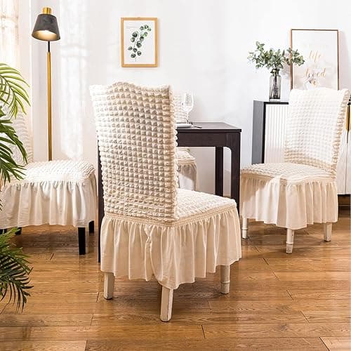 Qubjus Chair Covers for Dining Room Set of 2 Stretch Chair Slipcovers with Skirt Removable Washable Kitchen Chair Protector Cover Set for Home, Party, Wedding(Off-White, 2Pcs) thumbnail 5