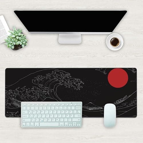 Desk Mat, Black Japanese Style Wave and Red Sun Extended Gaming Mouse Pad Large, 31.5"x11.8" Big Mouse Pad with Non-Slip Base and Stitched Edge, Long Computer Keyboard Mouse Mat for Home Office Work thumbnail 2