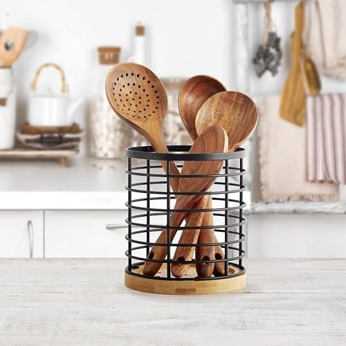 WDT Tool Utensil holder for Kitchen Counter - 5.2" x 5.2" x 6" Large Round with Wooden Base Matte Black Cooking Utensil Holder Utensil Organizer (Metal+Bamboo) thumbnail 2