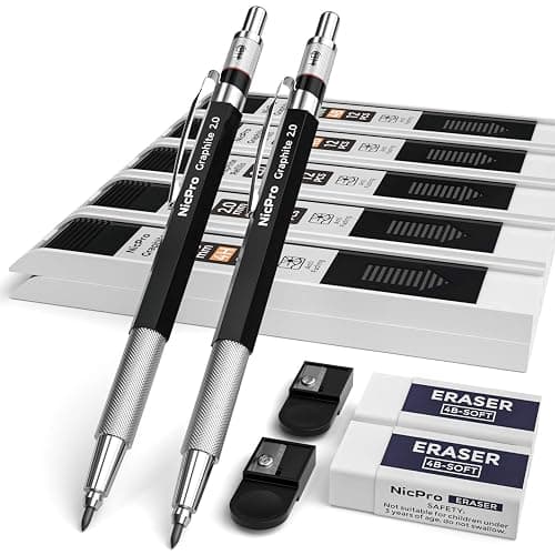 Nicpro 2mm Metal Mechanical Pencil Set with Case, 2PCS | Lead Pencil Holder 2.0 mm+120PCS Lead Refills (4H 2H HB 2B 4B Color), 2mm Pencils for Drafting Writing Drawing Sketching - Image 1
