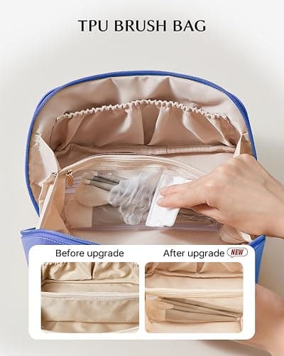 EACHY Travel Makeup Bag for Women, Flat Open Cosmetic Bag, Blue, Medium | Flat-open cosmetic organizer with pockets and clear TPU brush compartment for makeup, toiletries and travel essentials thumbnail 3