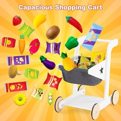 HONEY JOY Kids Grocery Store Playset, Wooden Play Store with Shopping Cart, Toddler Supermarket Checkout Stand w/Blackboard, Display Shelves, Grocery Store Pretend Play, Gift for Boys Girls, Natural thumbnail 4
